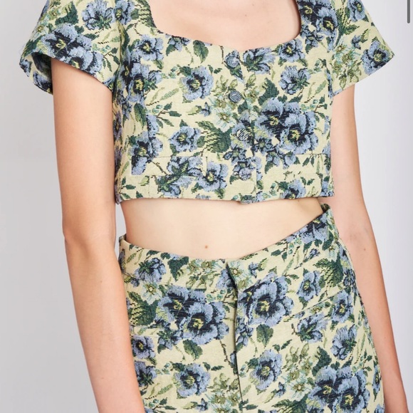 NEW En Saison Jacquard vintage fall floral green blue crop blouse - Picture 10 of 10